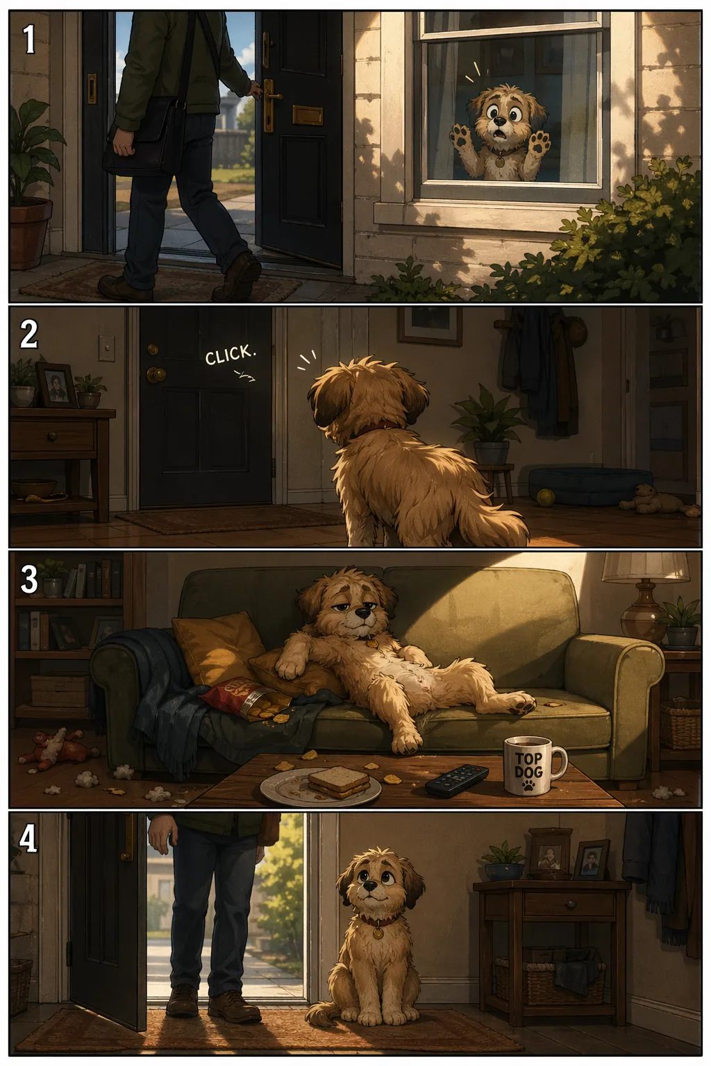 Narrative Reasoning for Comic Strips: 4-panel comic from one prompt
